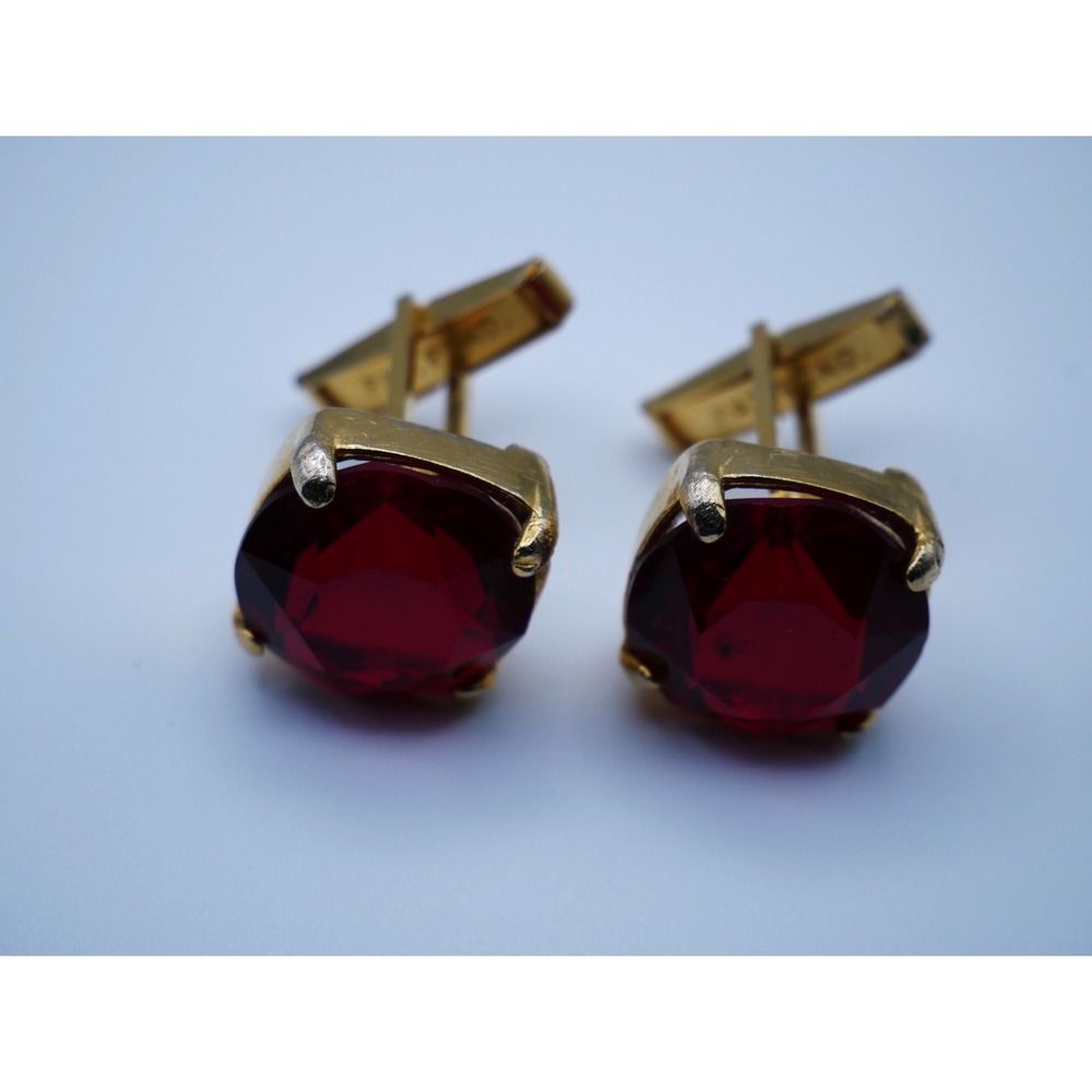 Vintage Gold Tone‎ Ruby Red Faceted Glass Stone Cufflinks Pat Pend Mens Formal